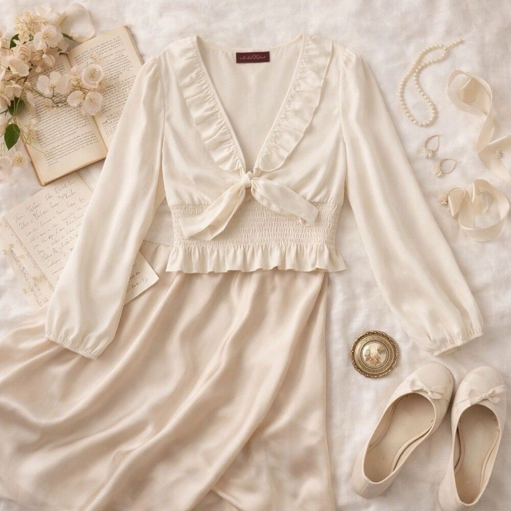 White Ruffle Crop Top Y2K Coquette Tie Front Blouse Long Sleeve Cottagecore S/M